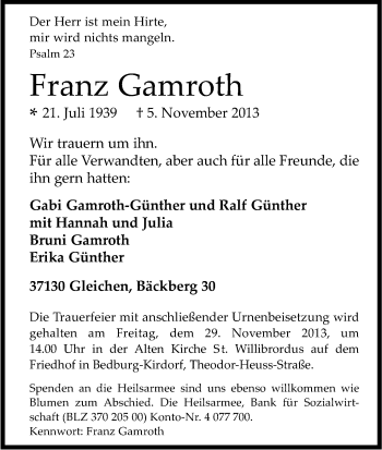 Anzeige von Franz Gamroth von Kölner Stadt-Anzeiger / Kölnische Rundschau / Express