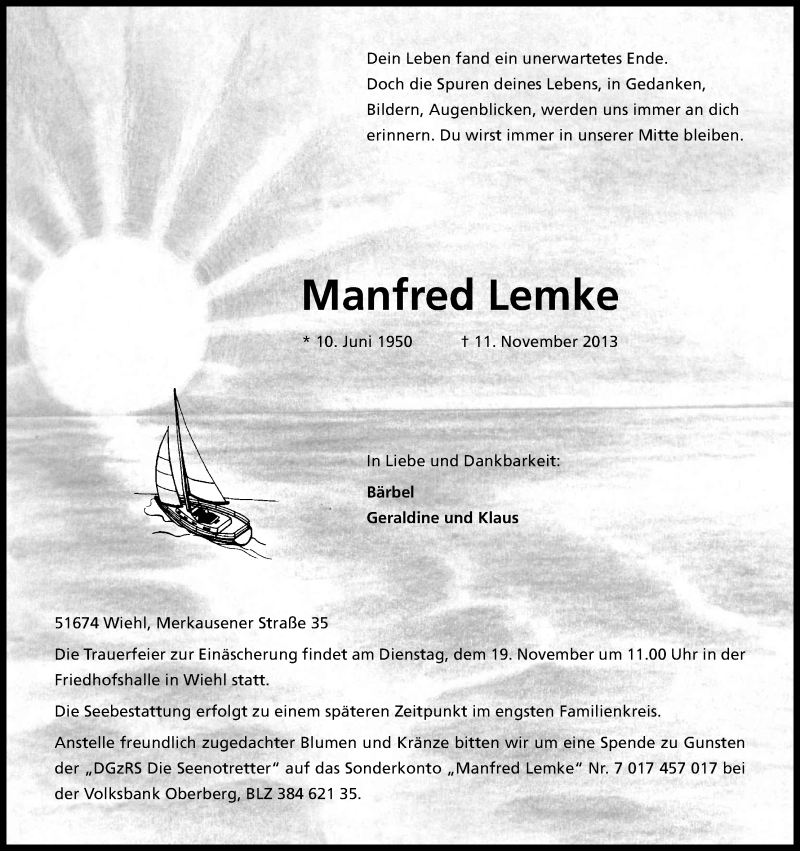  Traueranzeige für Manfred Lemke vom 14.11.2013 aus Kölner Stadt-Anzeiger / Kölnische Rundschau / Express