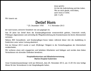 Anzeige von Detlef Horn von Kölner Stadt-Anzeiger / Kölnische Rundschau / Express
