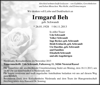 Anzeige von Irmgard Beh von Kölner Stadt-Anzeiger / Kölnische Rundschau / Express