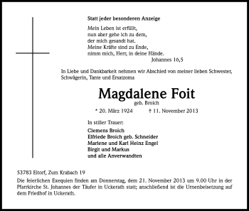 Anzeige von Magdalene Foit von Kölner Stadt-Anzeiger / Kölnische Rundschau / Express