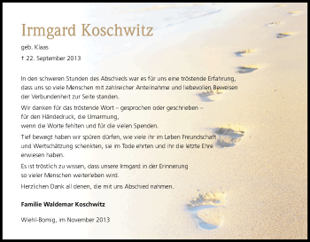 Anzeige von Irmgard Koschwitz von Kölner Stadt-Anzeiger / Kölnische Rundschau / Express