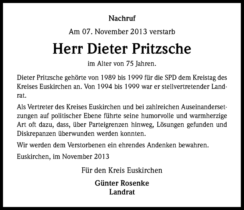  Traueranzeige für Dieter Pritzsche vom 14.11.2013 aus Kölner Stadt-Anzeiger / Kölnische Rundschau / Express