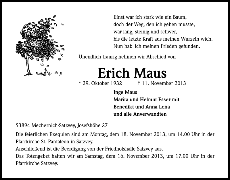  Traueranzeige für Erich Maus vom 14.11.2013 aus Kölner Stadt-Anzeiger / Kölnische Rundschau / Express