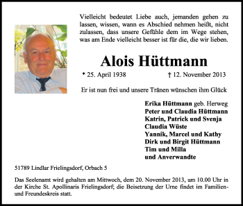Anzeige von Alois Hüttmann von Kölner Stadt-Anzeiger / Kölnische Rundschau / Express