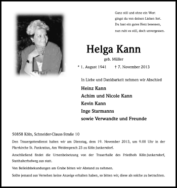 Anzeige von Helga Kann von Kölner Stadt-Anzeiger / Kölnische Rundschau / Express