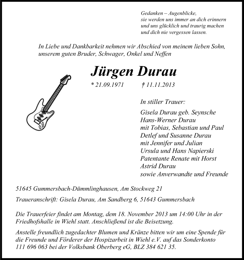  Traueranzeige für Jürgen Durau vom 14.11.2013 aus Kölner Stadt-Anzeiger / Kölnische Rundschau / Express