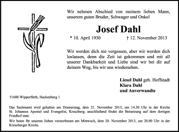 Anzeige von Josef Dahl von Kölner Stadt-Anzeiger / Kölnische Rundschau / Express