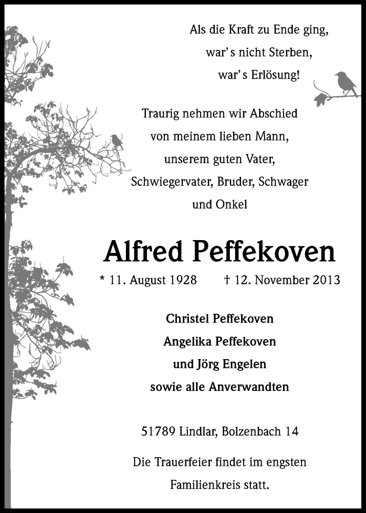  Traueranzeige für Alfred Peffekoven vom 14.11.2013 aus Kölner Stadt-Anzeiger / Kölnische Rundschau / Express