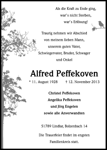 Anzeige von Alfred Peffekoven von Kölner Stadt-Anzeiger / Kölnische Rundschau / Express