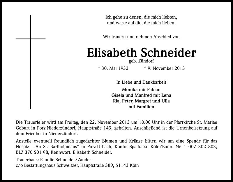  Traueranzeige für Elisabeth Schneider vom 16.11.2013 aus Kölner Stadt-Anzeiger / Kölnische Rundschau / Express