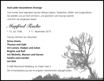 Anzeige von Manfred Tesche von Kölner Stadt-Anzeiger / Kölnische Rundschau / Express