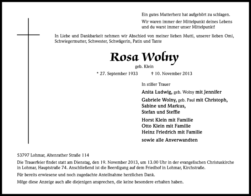  Traueranzeige für Rosa Wolny vom 14.11.2013 aus Kölner Stadt-Anzeiger / Kölnische Rundschau / Express