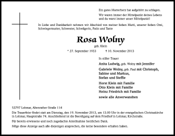 Anzeige von Rosa Wolny von Kölner Stadt-Anzeiger / Kölnische Rundschau / Express