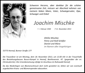 Anzeige von Joachim Mischke von Kölner Stadt-Anzeiger / Kölnische Rundschau / Express
