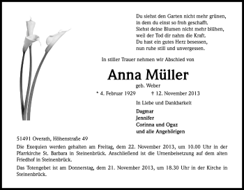 Anzeige von Anna Müller von Kölner Stadt-Anzeiger / Kölnische Rundschau / Express