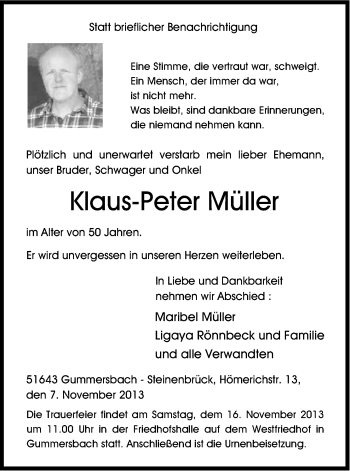 Anzeige von Klaus-Peter Müller von Kölner Stadt-Anzeiger / Kölnische Rundschau / Express