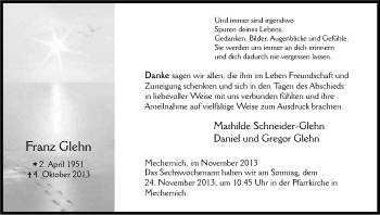 Anzeige von Franz Glehn von Kölner Stadt-Anzeiger / Kölnische Rundschau / Express
