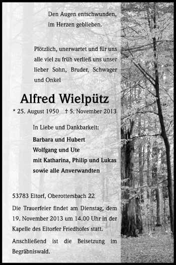Anzeige von Alfred Wielpütz von Kölner Stadt-Anzeiger / Kölnische Rundschau / Express