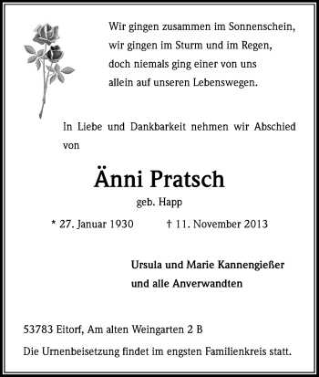 Anzeige von Änni Pratsch von Kölner Stadt-Anzeiger / Kölnische Rundschau / Express