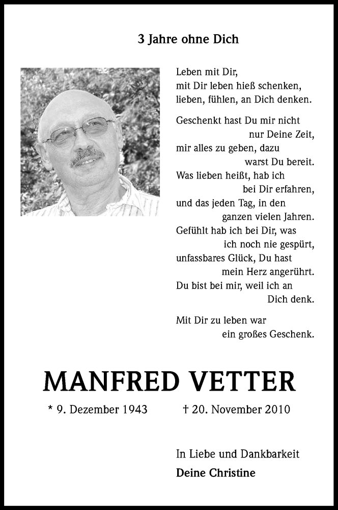  Traueranzeige für Manfred Vetter vom 20.11.2013 aus Kölner Stadt-Anzeiger / Kölnische Rundschau / Express