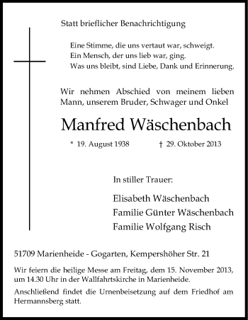Anzeige von Manfred Wäschenbach von Kölner Stadt-Anzeiger / Kölnische Rundschau / Express
