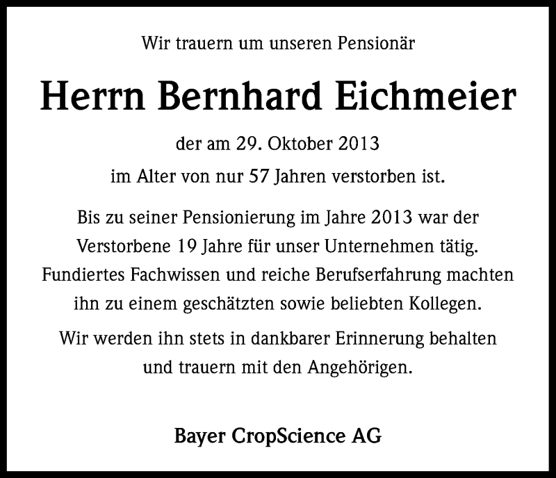  Traueranzeige für Bernhard Eichmeier vom 15.11.2013 aus Kölner Stadt-Anzeiger / Kölnische Rundschau / Express