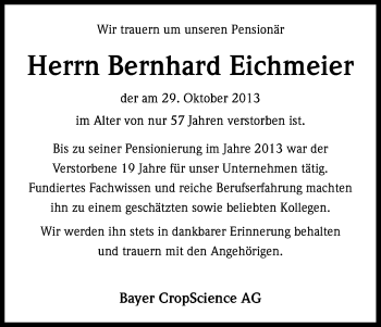 Anzeige von Bernhard Eichmeier von Kölner Stadt-Anzeiger / Kölnische Rundschau / Express