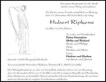 Anzeige von Hubert Ripkens von Kölner Stadt-Anzeiger / Kölnische Rundschau / Express