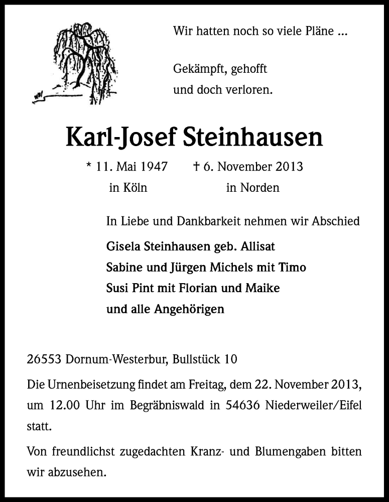  Traueranzeige für Karl-Josef Steinhausen vom 16.11.2013 aus Kölner Stadt-Anzeiger / Kölnische Rundschau / Express