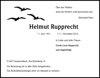 Anzeige von Helmut Rupprecht von Kölner Stadt-Anzeiger / Kölnische Rundschau / Express