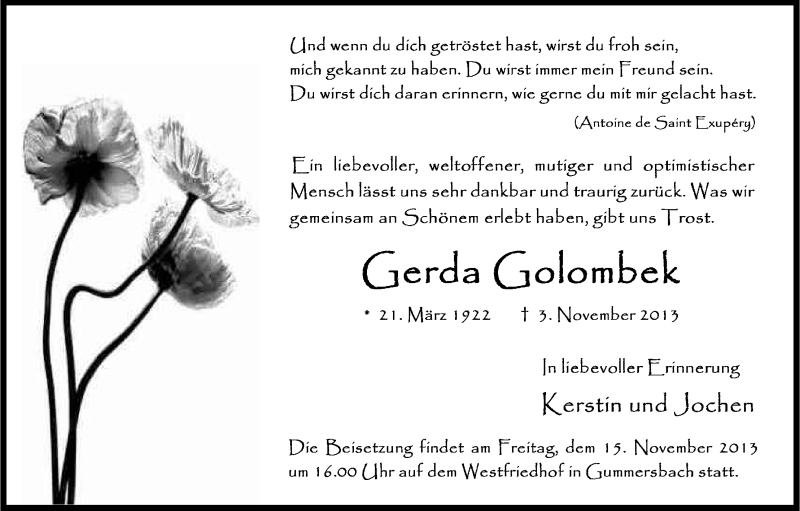  Traueranzeige für Gerda Golombek vom 14.11.2013 aus Kölner Stadt-Anzeiger / Kölnische Rundschau / Express