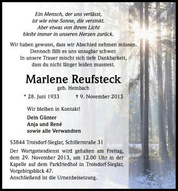Anzeige von Marlene Reufsteck von Kölner Stadt-Anzeiger / Kölnische Rundschau / Express