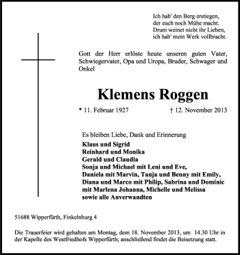 Anzeige von Klemens Roggen von Kölner Stadt-Anzeiger / Kölnische Rundschau / Express