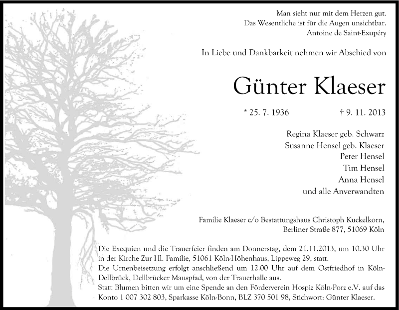  Traueranzeige für Günter Klaeser vom 16.11.2013 aus Kölner Stadt-Anzeiger / Kölnische Rundschau / Express