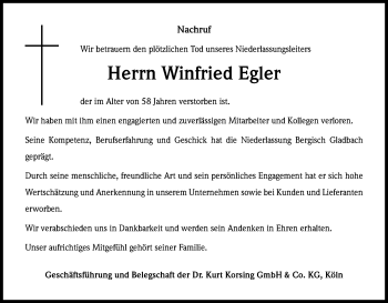 Anzeige von Winfried Egler von Kölner Stadt-Anzeiger / Kölnische Rundschau / Express