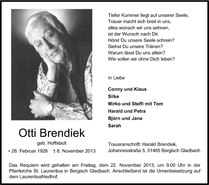  Traueranzeige für Otti Brendiek vom 16.11.2013 aus Kölner Stadt-Anzeiger / Kölnische Rundschau / Express