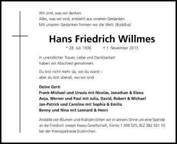 Anzeige von Hans Friedrich Willmes von Kölner Stadt-Anzeiger / Kölnische Rundschau / Express