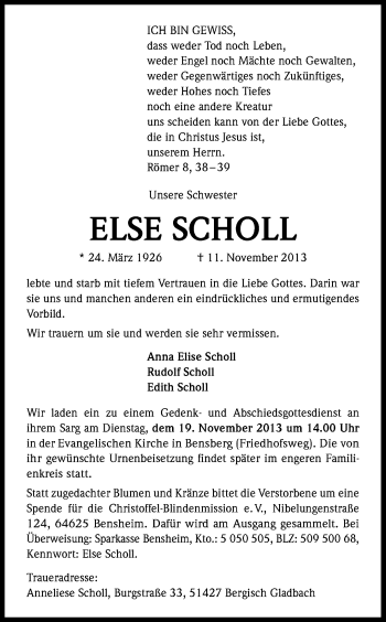 Anzeige von Else Scholl von Kölner Stadt-Anzeiger / Kölnische Rundschau / Express
