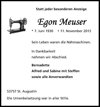 Anzeige von Egon Meuser von Kölner Stadt-Anzeiger / Kölnische Rundschau / Express