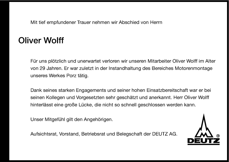  Traueranzeige für Oliver Wolff vom 16.11.2013 aus Kölner Stadt-Anzeiger / Kölnische Rundschau / Express