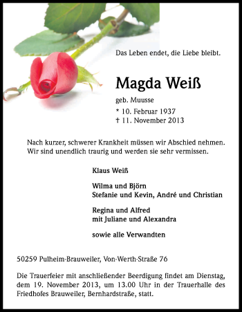 Anzeige von Magda Weiss von Kölner Stadt-Anzeiger / Kölnische Rundschau / Express