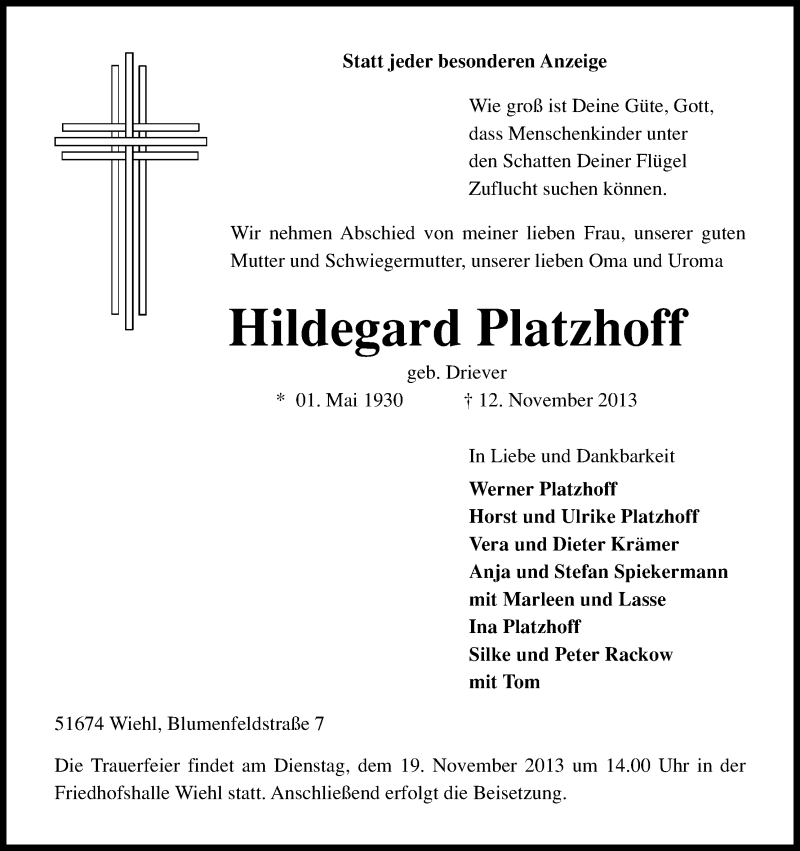  Traueranzeige für Hildegard Platzhoff vom 15.11.2013 aus Kölner Stadt-Anzeiger / Kölnische Rundschau / Express