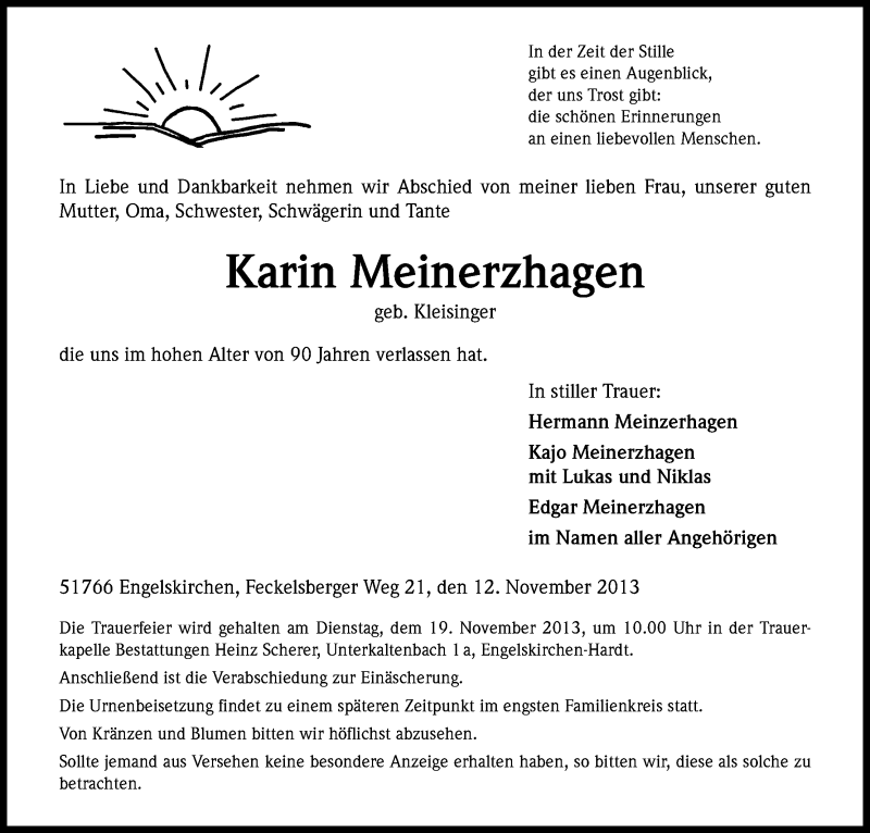  Traueranzeige für Karin Meinerzhagen vom 15.11.2013 aus Kölner Stadt-Anzeiger / Kölnische Rundschau / Express