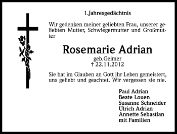 Anzeige von Rosemarie Adrian von Kölner Stadt-Anzeiger / Kölnische Rundschau / Express