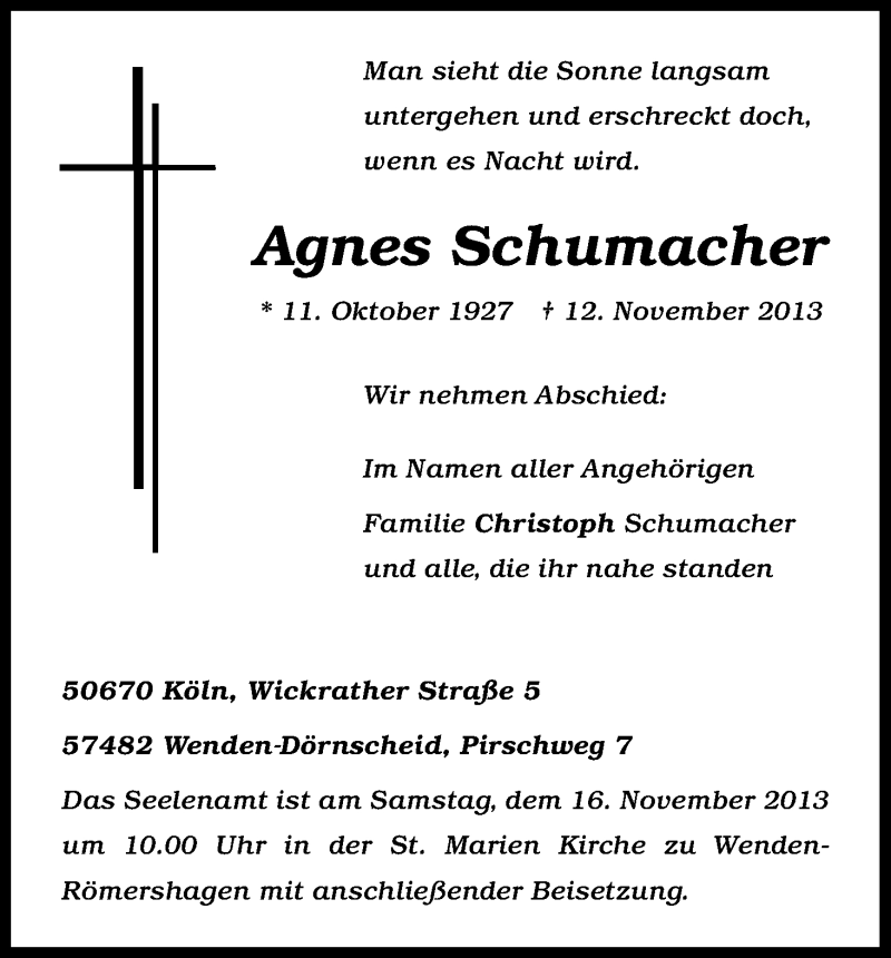  Traueranzeige für Agnes Schumacher vom 15.11.2013 aus Kölner Stadt-Anzeiger / Kölnische Rundschau / Express