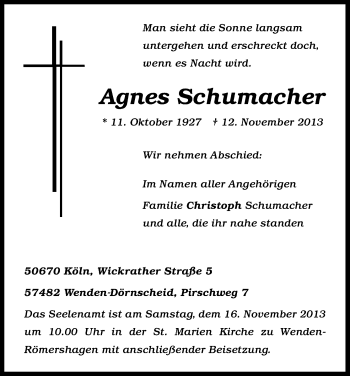 Anzeige von Agnes Schumacher von Kölner Stadt-Anzeiger / Kölnische Rundschau / Express