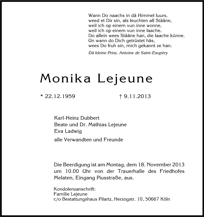  Traueranzeige für Monika Lejeune vom 16.11.2013 aus Kölner Stadt-Anzeiger / Kölnische Rundschau / Express