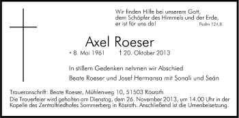Anzeige von Axel Roeser von Kölner Stadt-Anzeiger / Kölnische Rundschau / Express