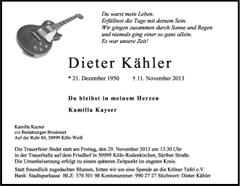 Anzeige von Dieter Kähler von Kölner Stadt-Anzeiger / Kölnische Rundschau / Express